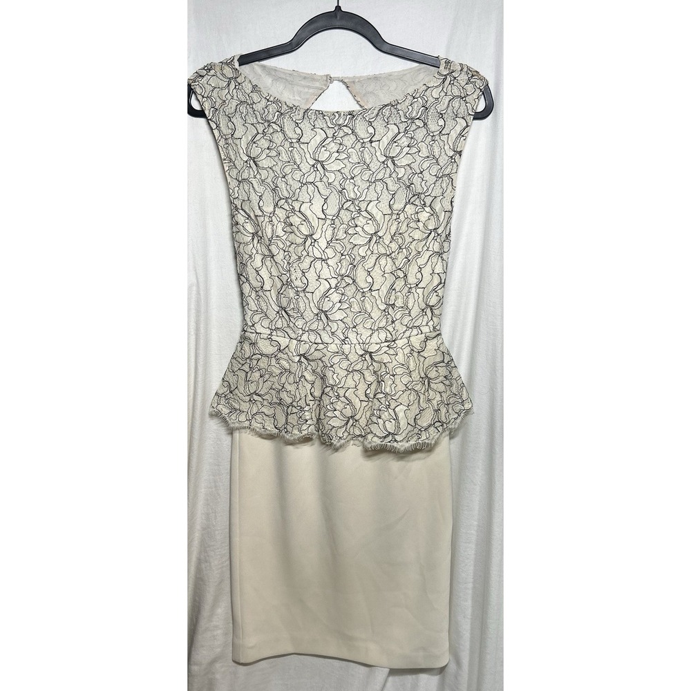 Alice + Olivia Sz 4 S Ivory Black Lace Peplum Pencil Dress Open Back Holiday